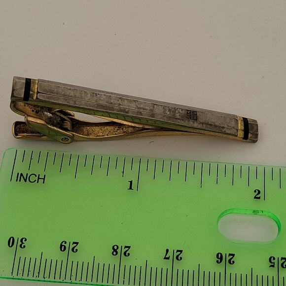 Givenchy G French Tie Bar Clip Cufflinks Set Gold Silver Tone Logo Geometric - Picture 7 of 15